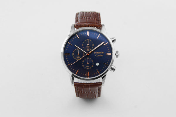 SILVER CASE - BLUE FACE - BROWN STRAP WATCH