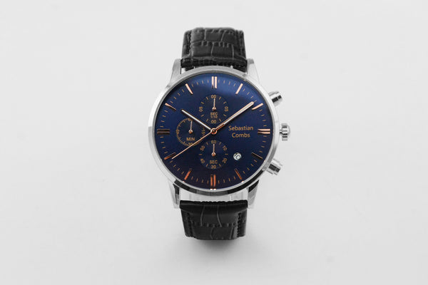 SILVER CASE - BLUE FACE - BLACK STRAP WATCH