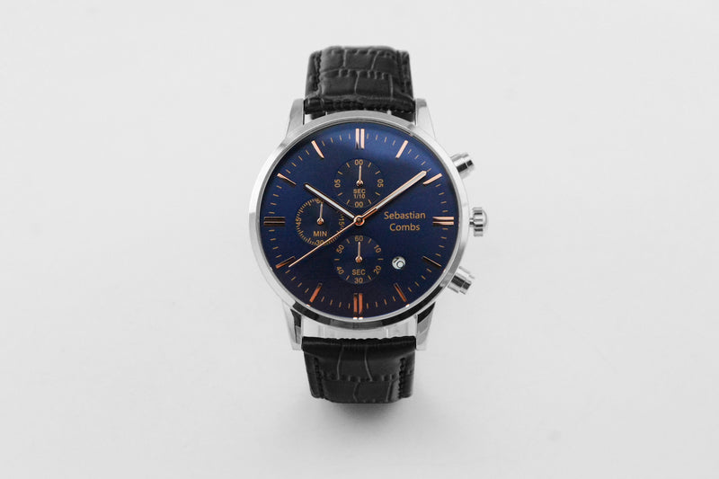 SILVER CASE - BLUE FACE - BLACK STRAP WATCH