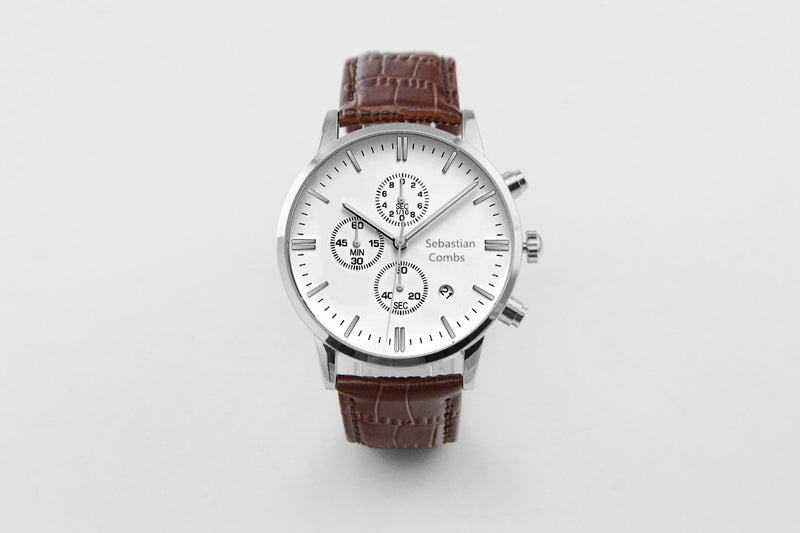 SILVER CASE - WHITE FACE - BROWN STRAP WATCH