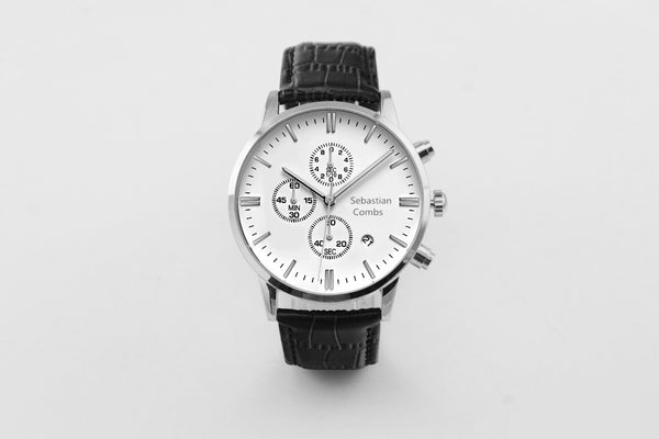 SILVER CASE - WHITE FACE - BLACK STRAP WATCH