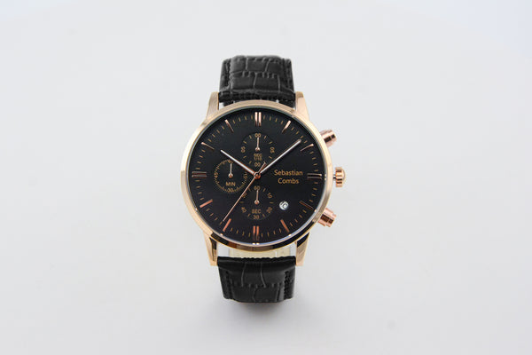 GOLD CASE - BLACK FACE - BLACK STRAP WATCH