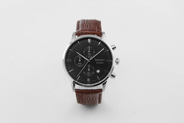 SILVER CASE - BLACK FACE - BROWN STRAP WATCH