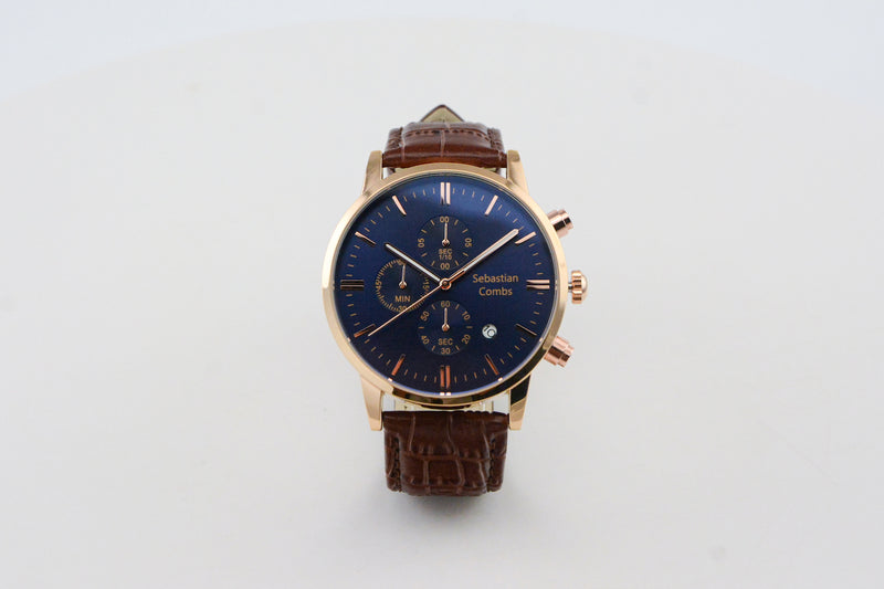 GOLD CASE - BLUE FACE - BROWN STRAP WATCH