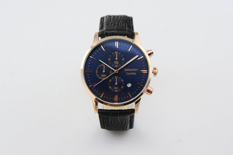 GOLD CASE - BLUE FACE - BLACK STRAP WATCH