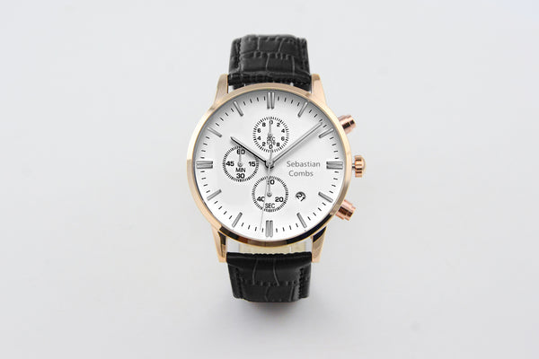 GOLD CASE - WHITE FACE - BLACK STRAP WATCH