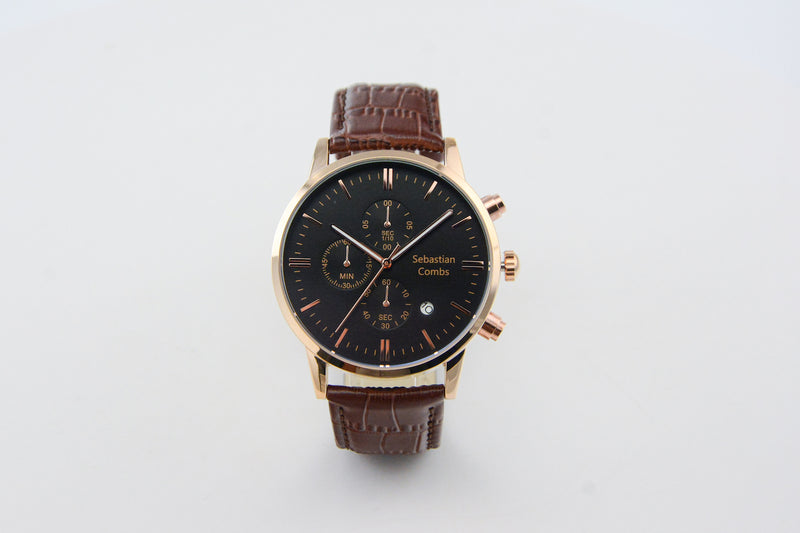 GOLD CASE - BLACK FACE - BROWN STRAP WATCH