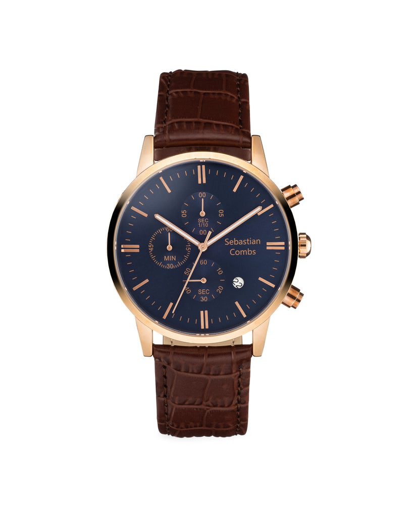 GOLD CASE - BLUE FACE - BROWN STRAP WATCH