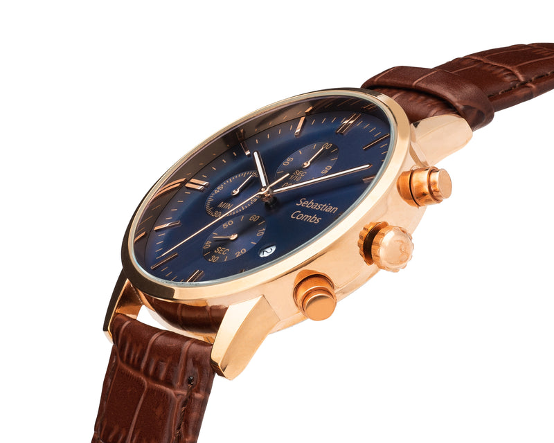 GOLD CASE - BLUE FACE - BROWN STRAP WATCH