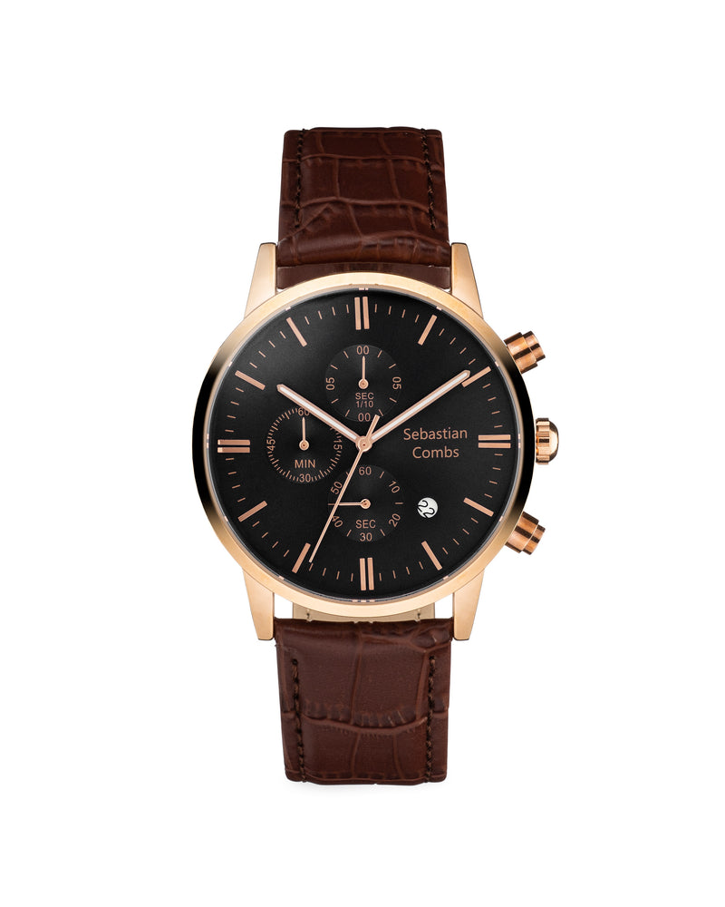 GOLD CASE - BLACK FACE - BROWN STRAP WATCH